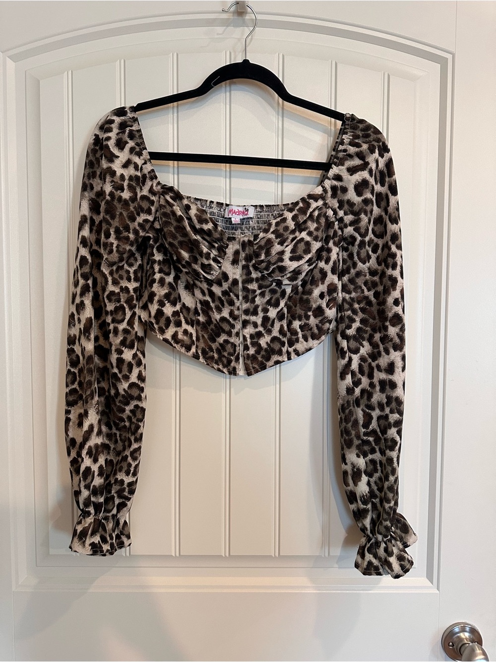 Leopard-Print Long Sleeve Cropped Top - Brown/Cream